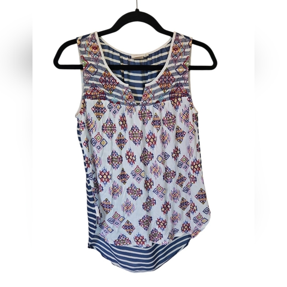 One September Anthropologie Embroidered Flowy Sleeveless Blue & White Blouse XS